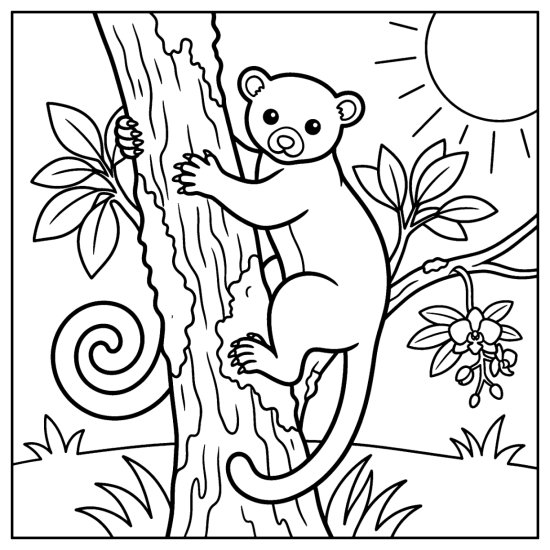 A kinkajou with a long curled tail climbs a mossy tree trunk, coloring sheet