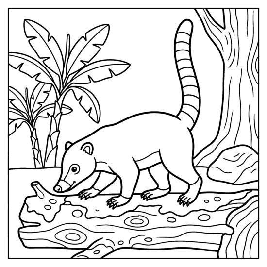A coati with a long ringed tail snuffles along a mossy fallen log, bold and easy
