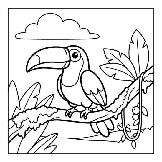 A toucan with a big curved beak perches on a mossy branch with leaves, coloring sheet