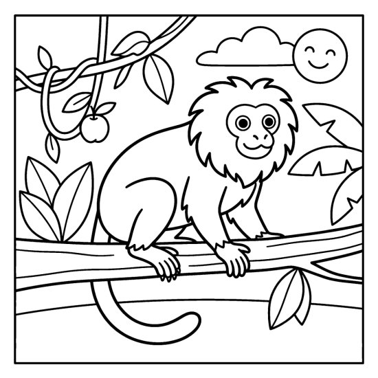 A golden lion tamarin with a fluffy mane sits on a jungle branch, coloring page