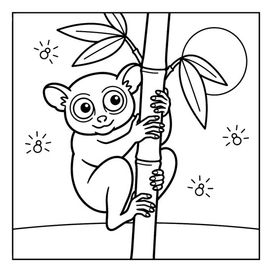 A tarsier with huge round eyes clings to a vertical bamboo stalk, coloring sheet