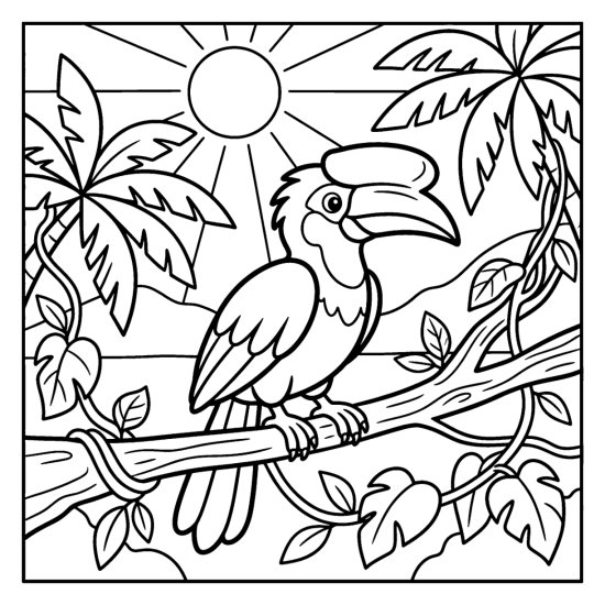 A hornbill with a large casque rests on a sturdy bough with palm fronds, bold and easy