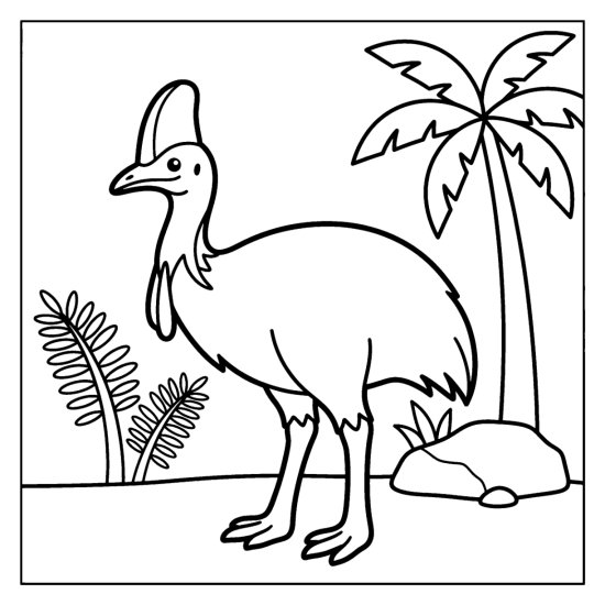 A cassowary with a tall head crest stands in a rainforest clearing, coloring page