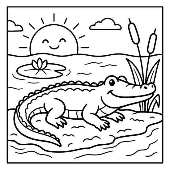 A smiling crocodile basks on a muddy jungle riverbank with reeds, coloring sheet