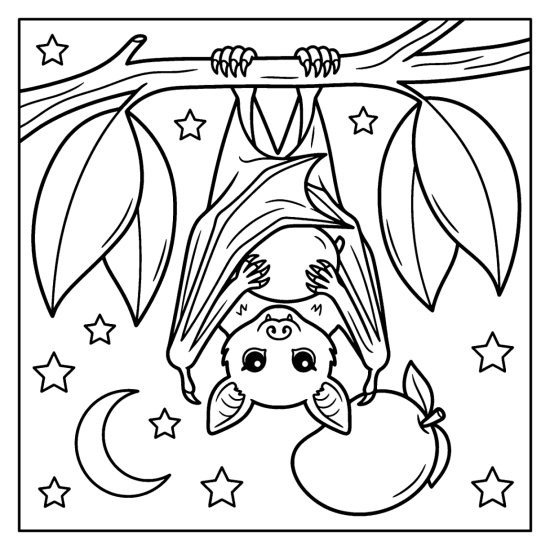 A fruit bat hangs upside down from a bough holding a mango, bold and easy