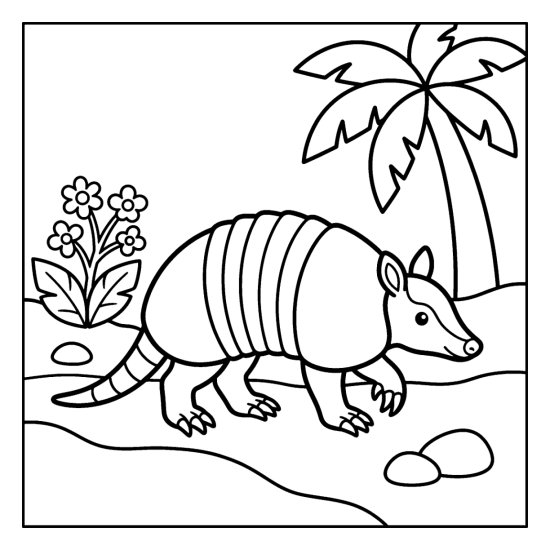 An armadillo with a banded shell trundles along a jungle trail, coloring page