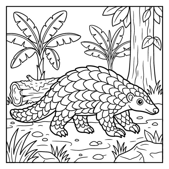 A pangolin with overlapping scales walks along the jungle trail, coloring sheet