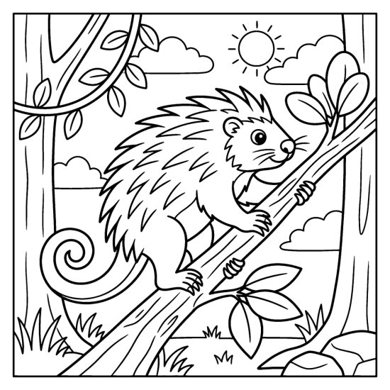 A tree porcupine with a curled tail climbs a branch among leaves, bold and easy