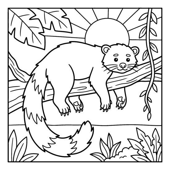 A binturong with a long bushy tail drapes over a wide bough, coloring page