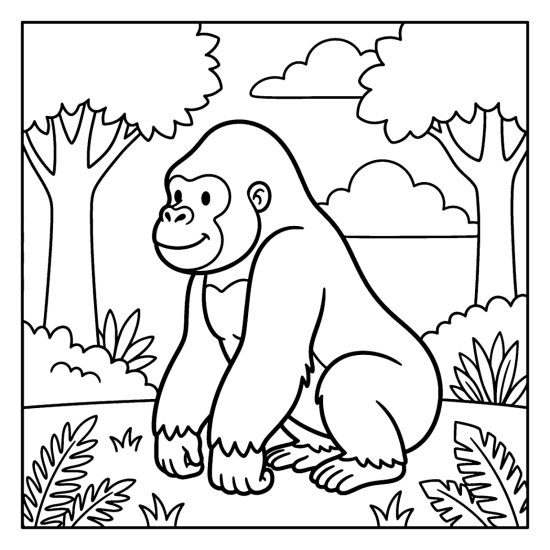 A gorilla sits upright on the jungle floor among low ferns, bold and easy