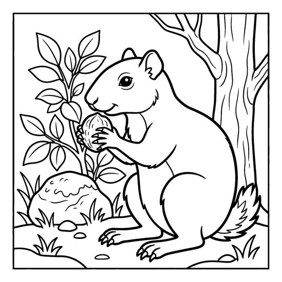 An agouti sits up nibbling a round nut held in its front paws, coloring sheet