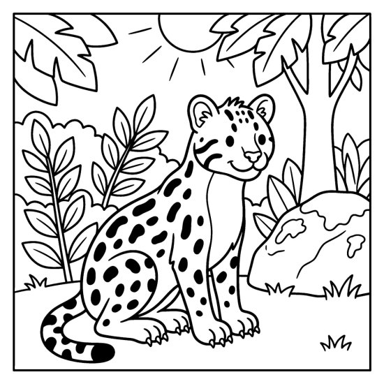 An ocelot with spotted fur sits in a sunny rainforest clearing, coloring page