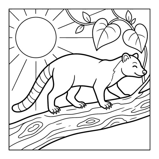 A palm civet with a long ringed tail pads along a wide bough, coloring sheet