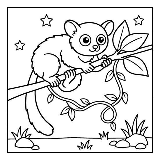 A bushbaby with big round eyes clings to a slim branch among leaves, bold and easy