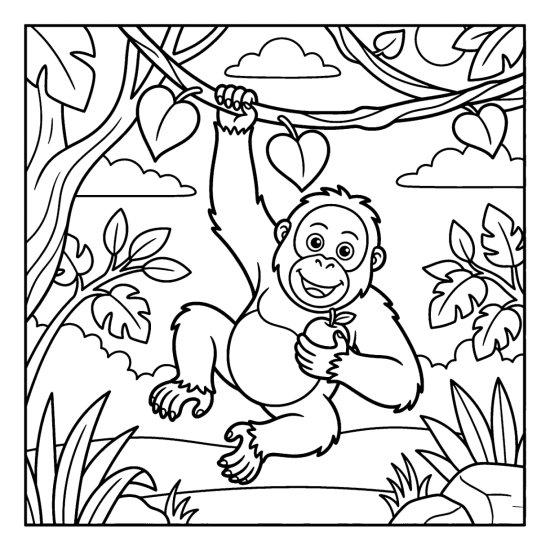 An orangutan hangs by one arm from a vine holding a round fruit, coloring page