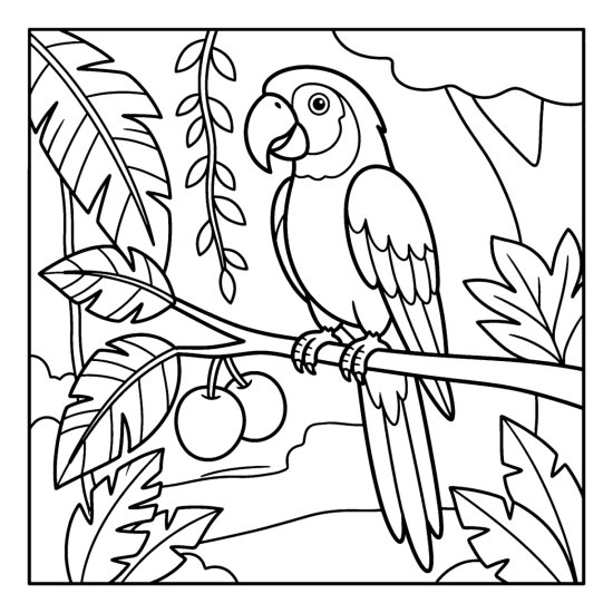 A macaw parrot with long tail feathers perches on a jungle branch, coloring sheet