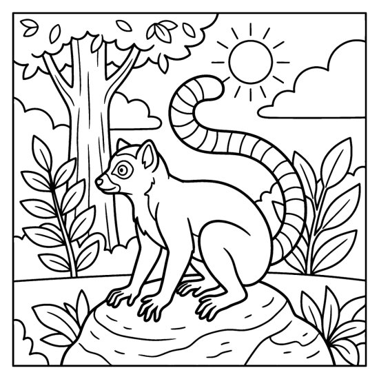 A ring tailed lemur with a striped tail sits on a sunny rock, bold and easy