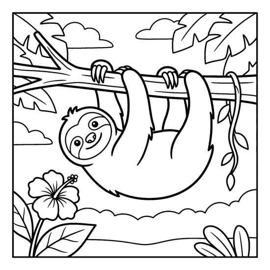 A sloth hangs upside down from a thick branch near a hibiscus flower, coloring page