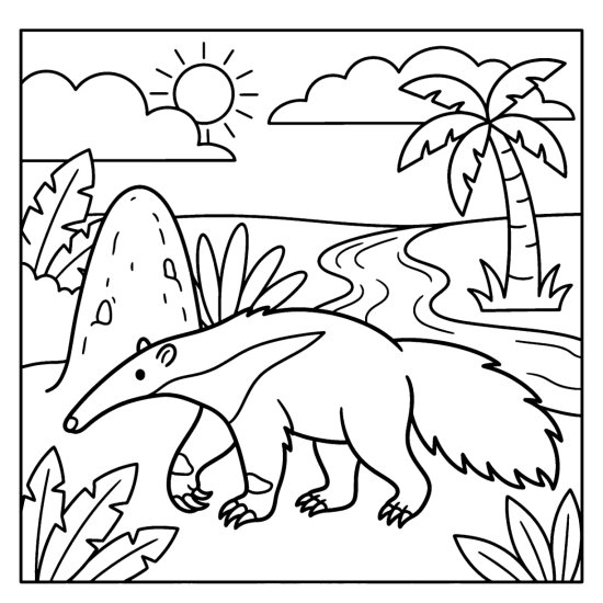 An anteater with a long snout walks past a tall termite mound, coloring sheet
