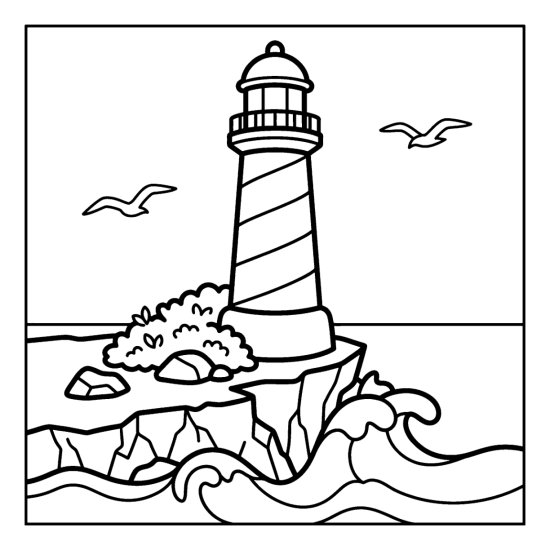 Striped lighthouse on a rocky coastal cliff above rolling waves with two seagulls, coloring page