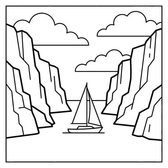 Steep fjord cliffs rising on both sides of a calm waterway with a small sailboat, bold and easy