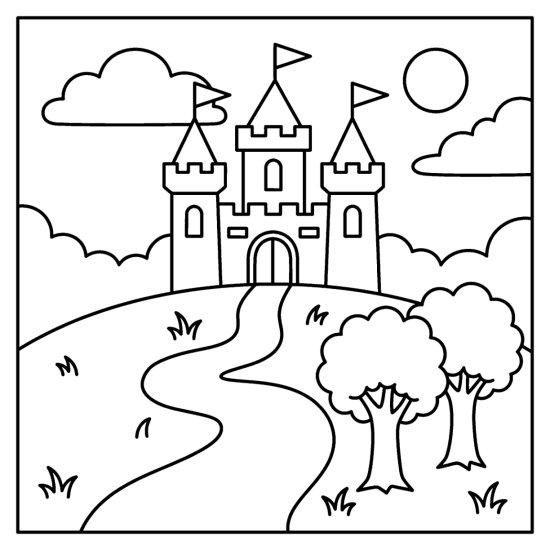Turreted castle with flags on a green hilltop with a winding path and two trees, bold and easy