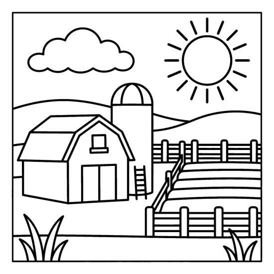Red style barn with a silo in rolling farmland beside a fenced crop field and sun, bold and easy