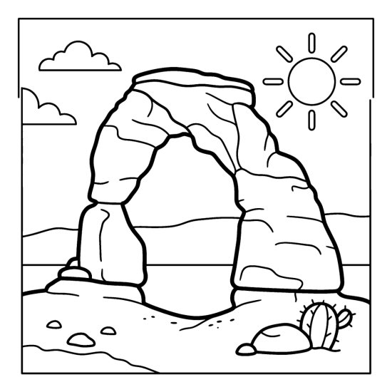 Natural desert stone arch spanning two rock pillars over a sandy basin with a cactus, page to color
