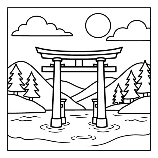 Tall torii gate standing in the shallow water of a calm bay with rounded hills and pines, bold and easy