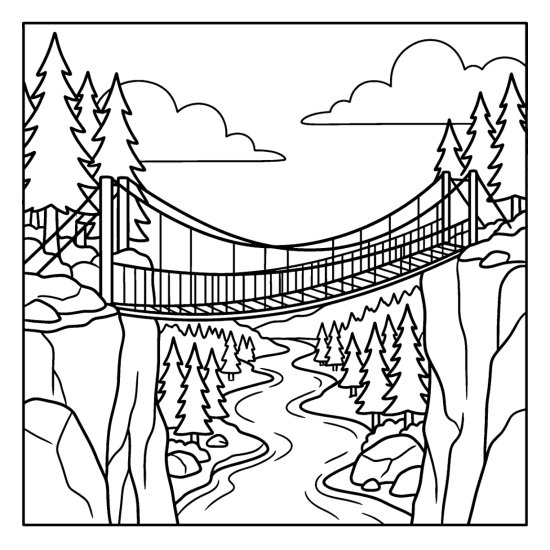 Long suspension footbridge spanning a forested gorge with a river far below, bold and easy