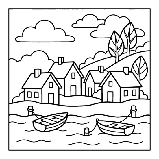 Cluster of harbor cottages along a waterfront with two moored boats and a hill, printable
