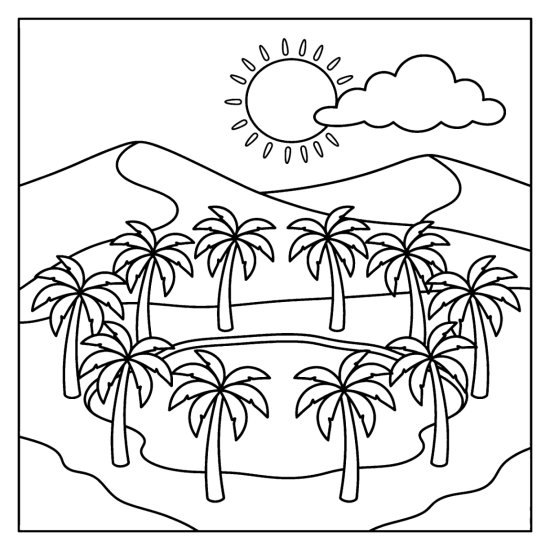 Desert oasis with a ring of palm trees around a calm pool among smooth dunes, bold and easy
