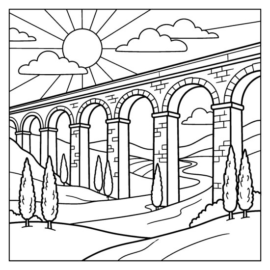 Tall stone aqueduct with a row of arches across a green valley with cypress trees, bold and easy