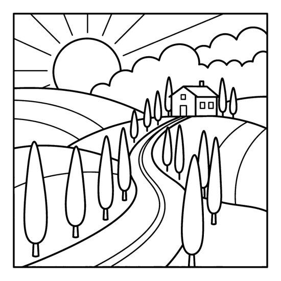 Winding country road lined with cypress trees leading to a hilltop villa, coloring page