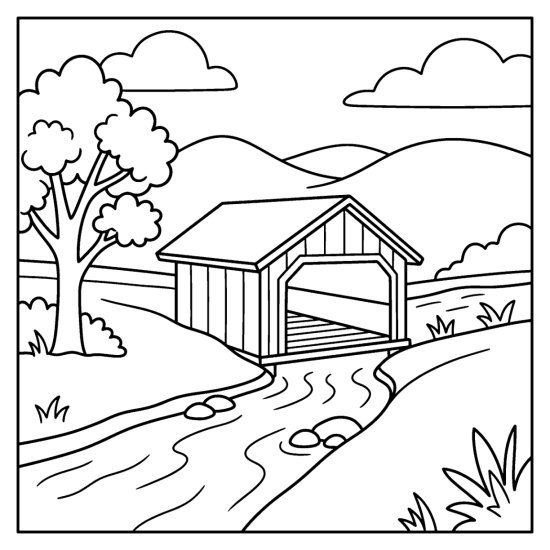 Wooden covered bridge crossing a creek between grassy banks with a leafy tree, bold and easy