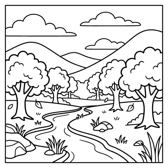 Wide valley of rounded autumn trees with drifting leaves and a winding stream, bold and easy