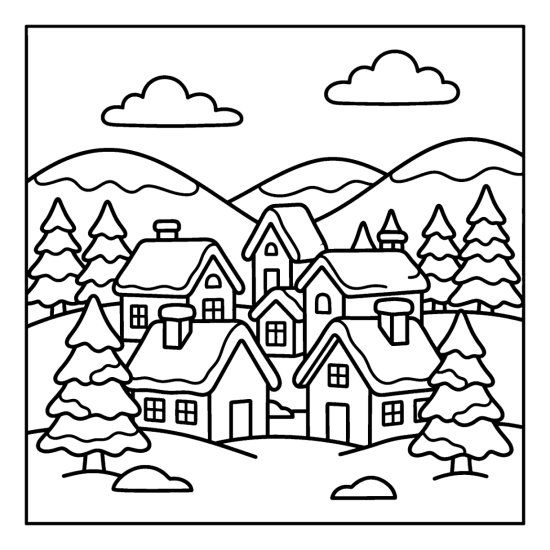 Small snowy village of peaked rooftops nestled among snow dusted pine trees, bold and easy