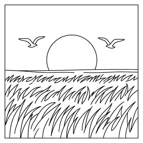 Wide prairie of tall waving grass with a large setting sun and two birds, coloring sheet