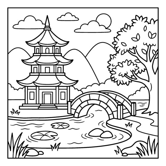 Tiered pagoda beside a calm garden pond with an arched stone bridge and a tree, coloring page