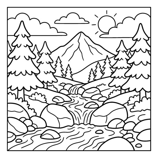 Clear mountain stream tumbling over rounded boulders with pines and a tall peak, bold and easy