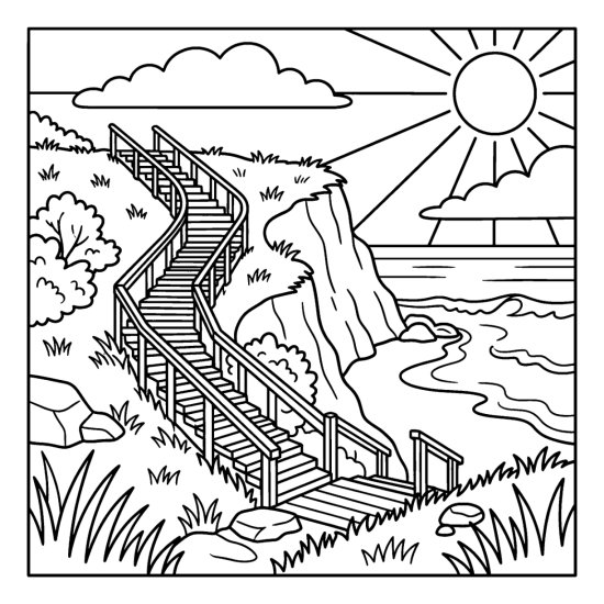 Long wooden staircase winding down a grassy coastal cliff to a small beach, page to color