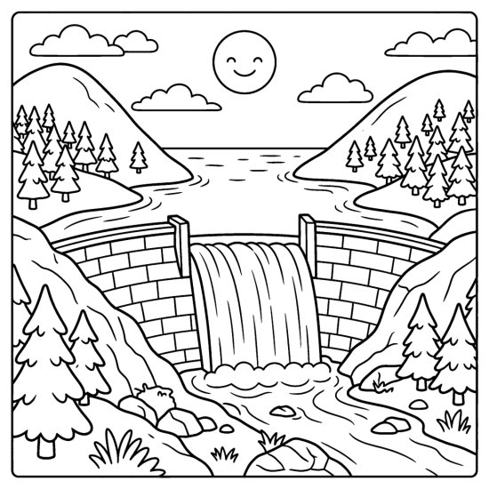 Great curved stone dam holding back a calm reservoir between two hills with pines, bold and easy