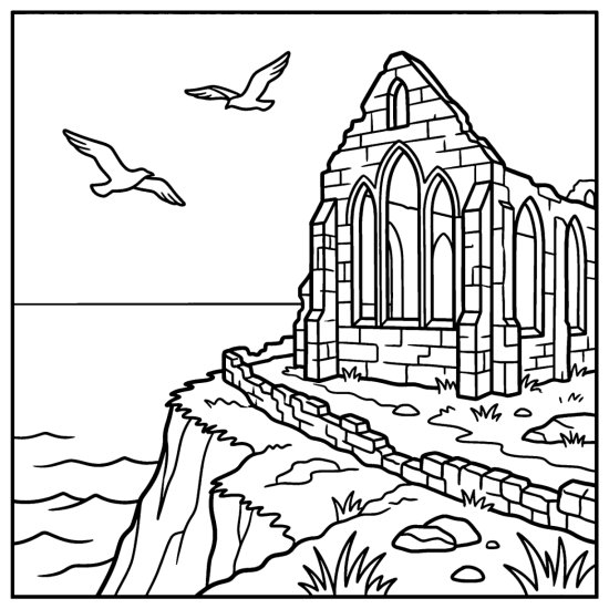 Ruined stone abbey with tall arched windows on a grassy clifftop above the sea, bold and easy