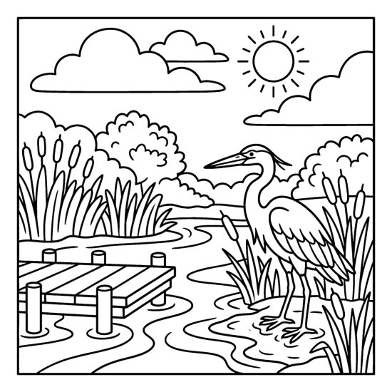 Calm marsh of tall reeds and winding channels with a heron and a small dock, bold and easy
