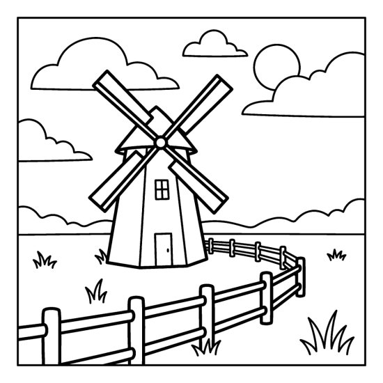 Old country windmill with four sails in an open field beside a fence, coloring sheet