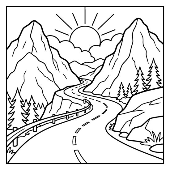 Winding road climbing a high mountain pass between two rocky peaks with pines, page to color