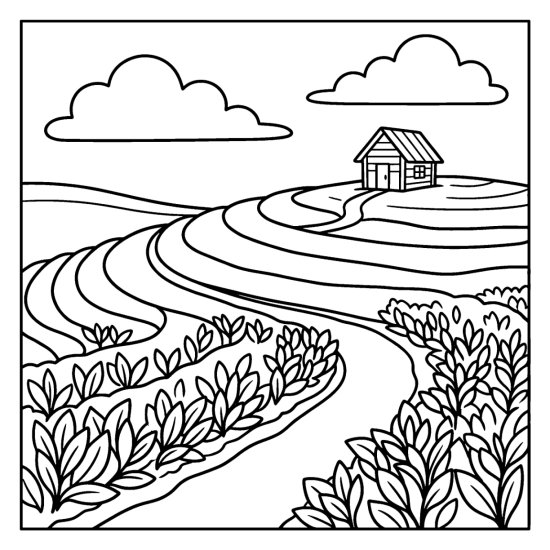 Curving rows of a green tea plantation stepping up a hillside to a picking hut, bold and easy