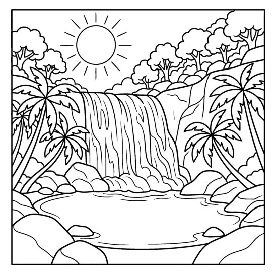 Wide tropical waterfall spilling into a calm lagoon ringed by leaning palm trees, bold and easy