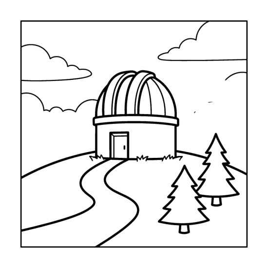 Domed observatory on a grassy hilltop with a winding path and two pine trees, printable