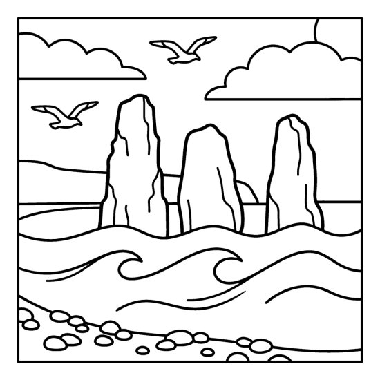 Three tall coastal sea stacks rising from rolling waves near a pebble beach, bold and easy